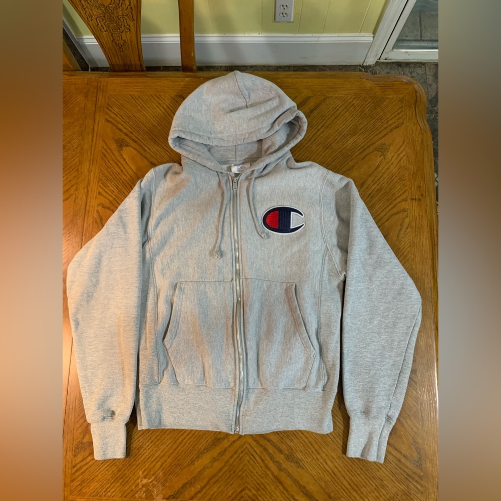 Champion Reverse Weave Gray Full Zip Hoodie Sweatshirt Big C Patch Size Women S